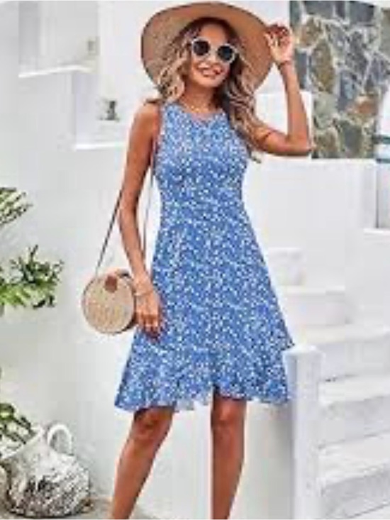 Huhot Dresses & Skirts - Sleeveless Blue Floral Midi Dress with Ruffle Hem